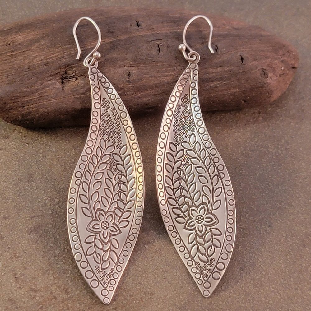 Silpada Sterling Stamped Etched Floral Freestyle Long Drop Earrings - Picture 2 of 8